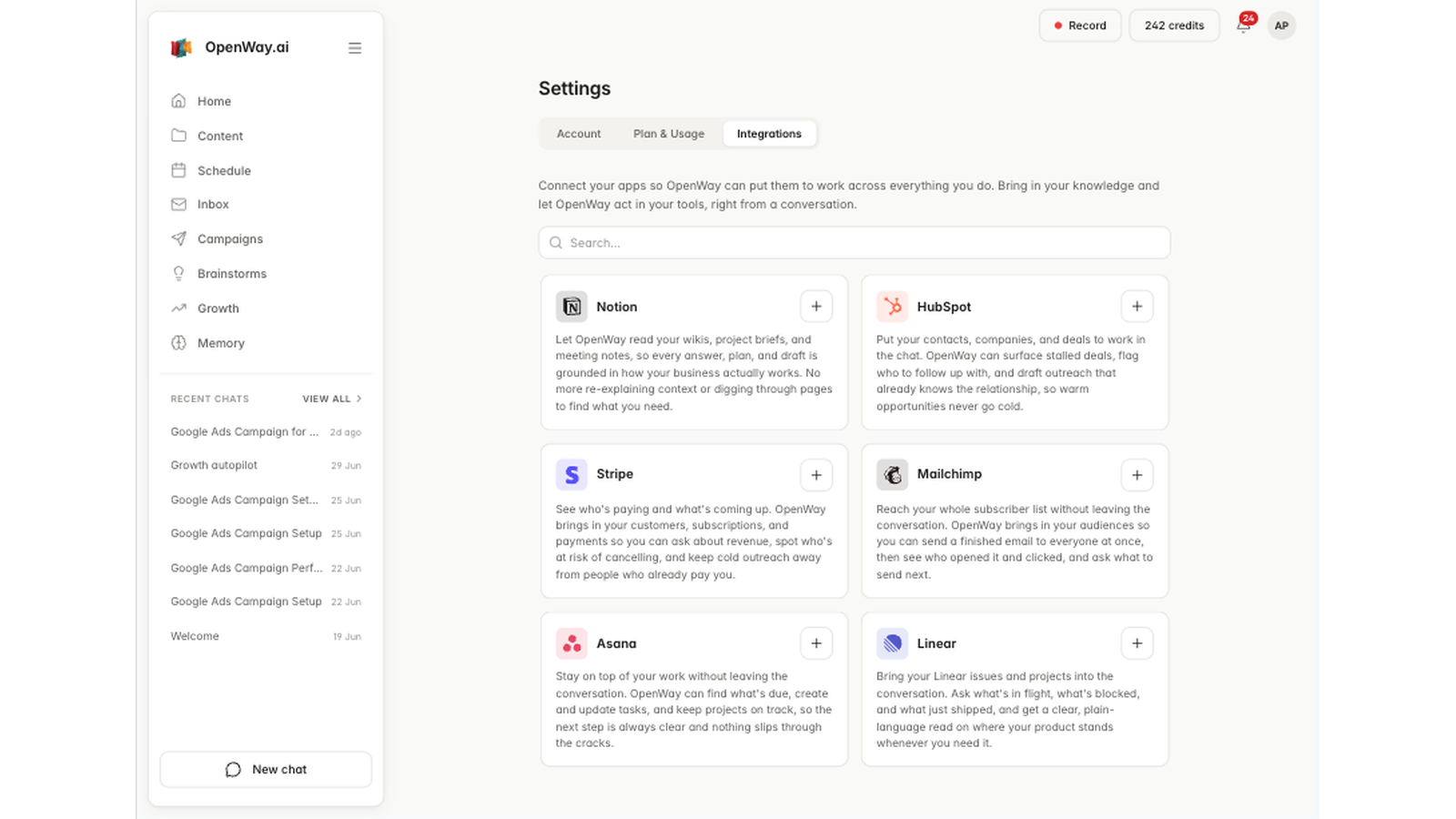 Configuración de OpenWay Integrations donde los usuarios conectan HubSpot